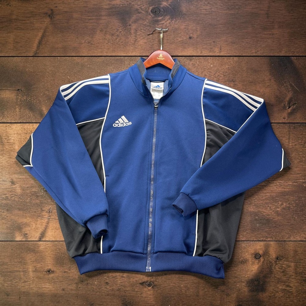 Vintage Y2K Adidas Track Jacket Mens M Blue Black White Piping Full Zip 3 Stripe